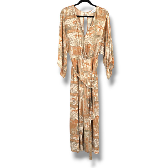 NEW Sweet Lemon Women's Mixed Media Paisley‎ Floral V Neck Jumpsuit Tan Small - Picture 1 of 12